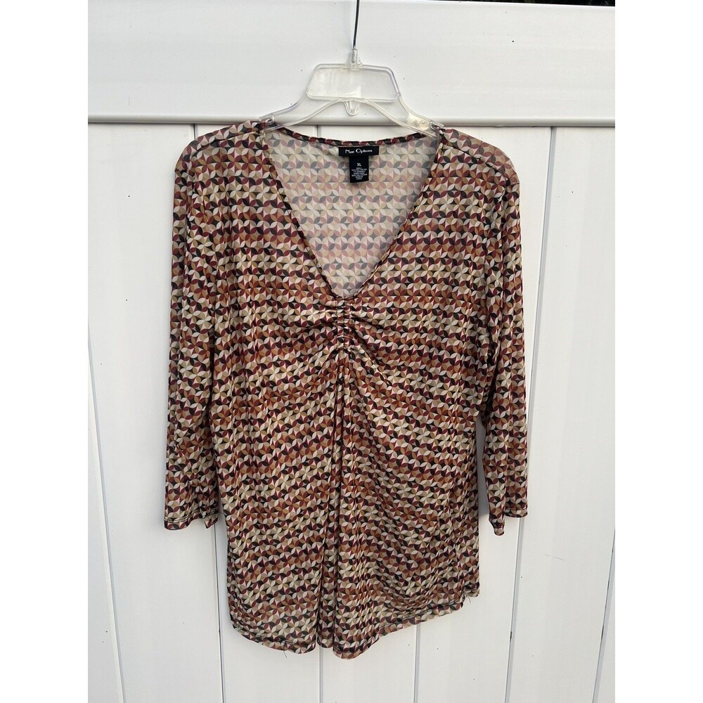 NUE OPTIONS Women’s Multicolor Geometric V-Neck Blouse Sheer 3/4 Sleeve Sz XL